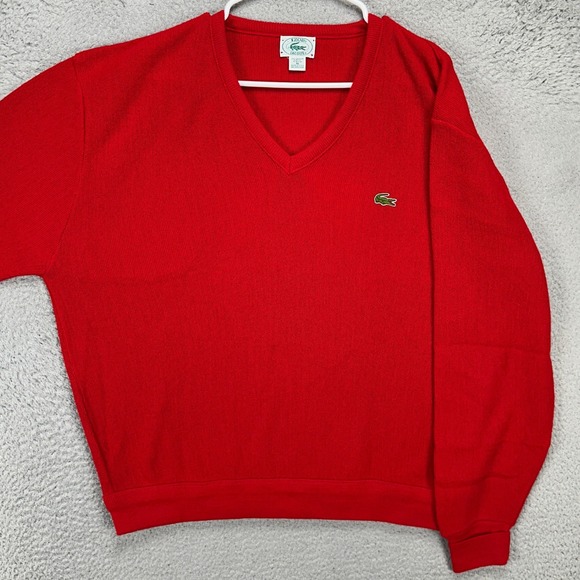 VINTAGE Lacoste Izod Sweater V-Neck Mens XL Red Orlon Acrylic Logo Made in USA
